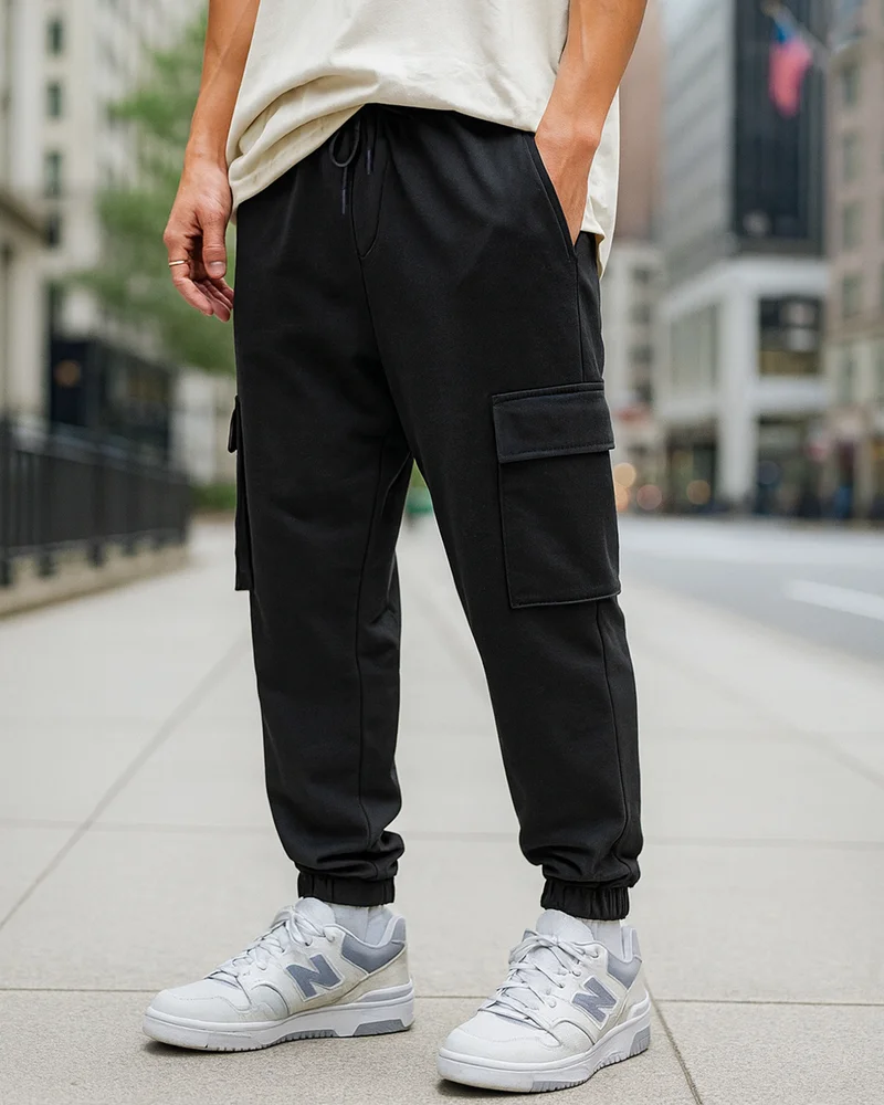 bewakoof Men's Black Oversized Cargo Warm Joggers